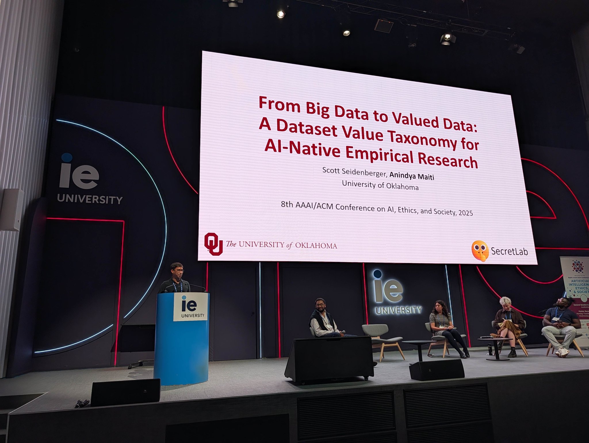 Anindya Maiti presenting Dataset Value Taxonomy work at AAAI/ACM AIES 2025 in Madrid, Spain